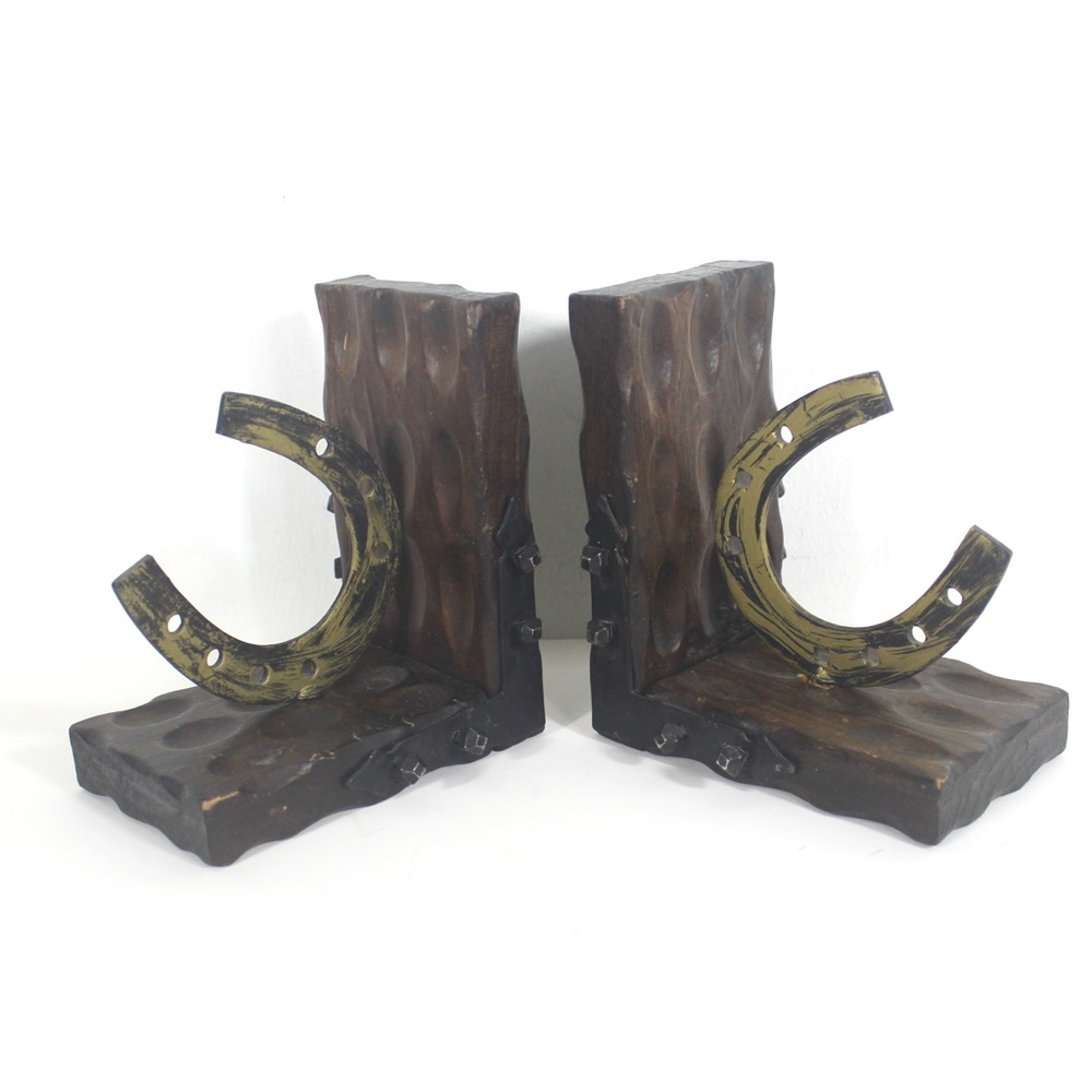 Vintage Spanish Horseshoe Bookends, Wood and Nail, Brutalist, Gothic, Spanish